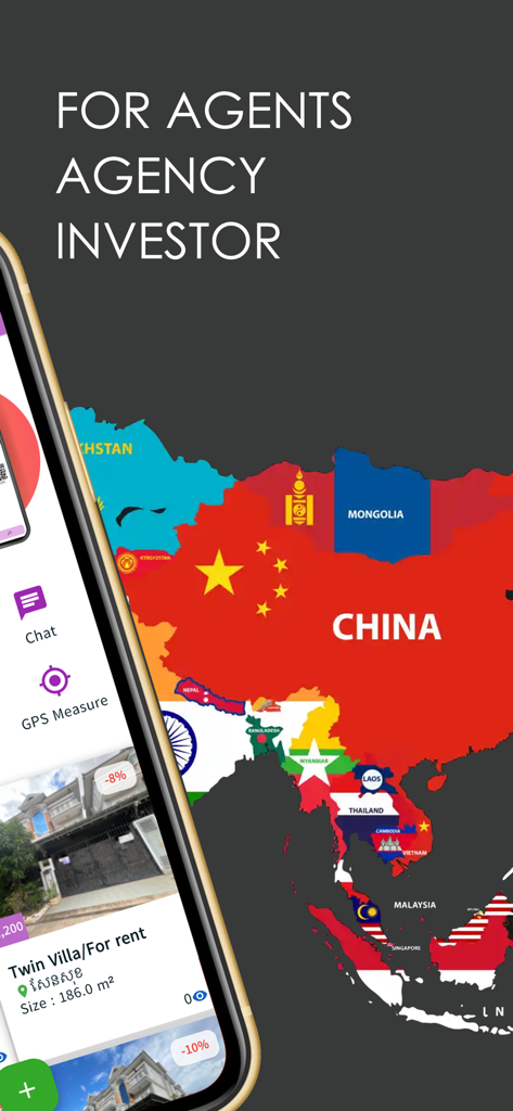 BAYON APP - Captura de tela do BAYON APP mostrando listagens de imóveis e um mapa da Ásia para agentes imobiliários e investidores