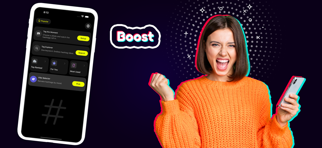 TikZag+ Tiktok Likes More Tags - 興奮したコンテンツクリエイターがTikZagアプリを使用して、トレンドのハッシュタグでTikTok投稿をブーストしています。