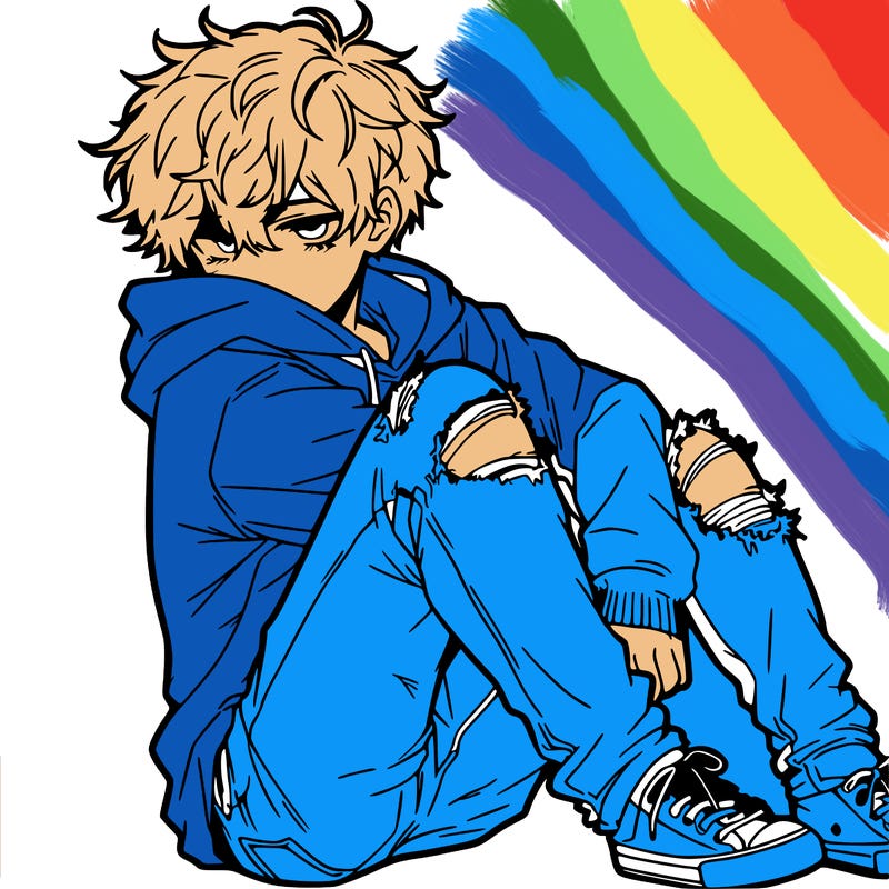 a male hoddie ripped jeans messy hair anime