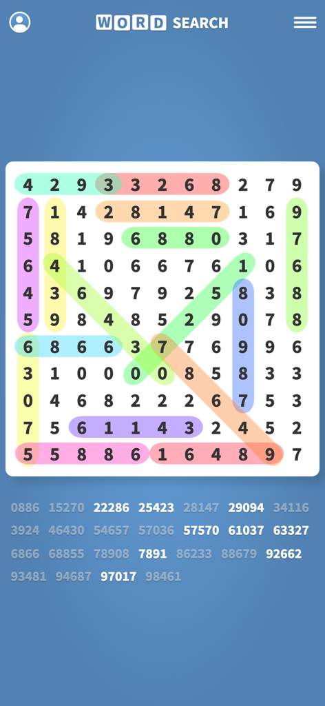 Word Search Puzzles ·· - Gameplay screen of a number search puzzle showing a grid of digits with colorful highlights on found sequences.