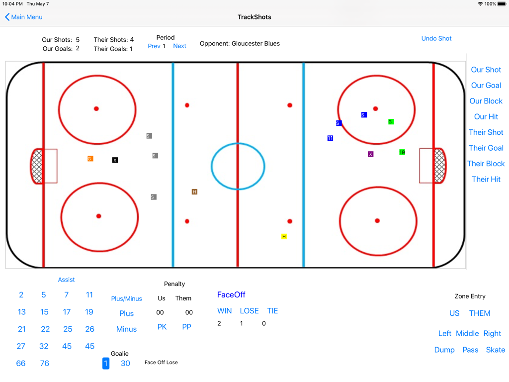 Hockey Stats Tracker - Hockey Stats Tracker app interface showing a visual rink map with tracked shot locations and game statistics