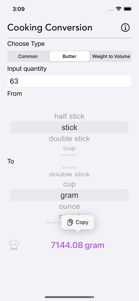 Cooking Conversion - Interface do aplicativo Conversão Culinária mostrando o recurso de conversão de manteiga de 'sticks' para gramas