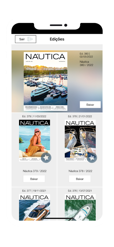 Interfaz de la aplicación móvil Nautica mostrando varias ediciones de revistas digitales con yates de lujo