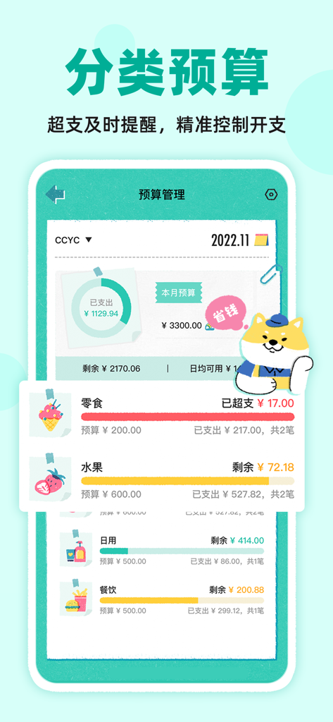 阿柴记账-自动记账超方便 - The budget management interface of A Chai Bookkeeping app showing categorized spending bars and a cute Shiba Inu mascot.