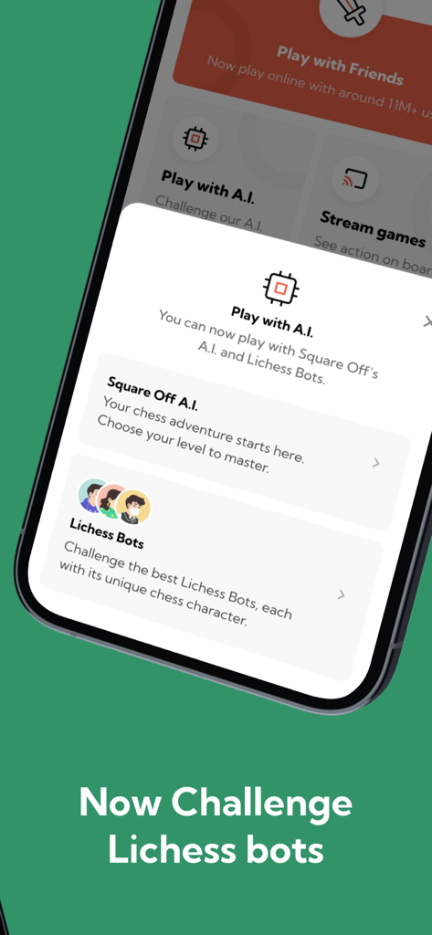 Interfaz de la aplicación móvil mostrando opciones para jugar ajedrez contra IA de Square Off o bots de Lichess