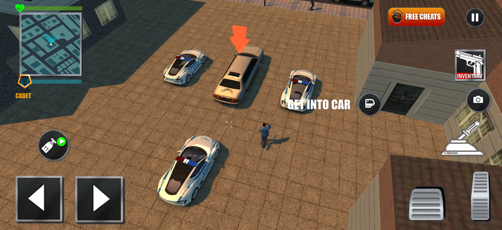 Police Simulator 2: Open World - Top-down gameplay view showing a police officer character among patrol cars in an open world city