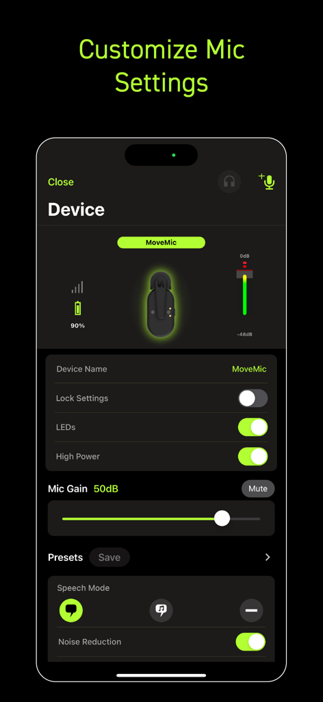Shure MOTIV Video app screen showing professional audio settings for MoveMic with gain control and noise reduction