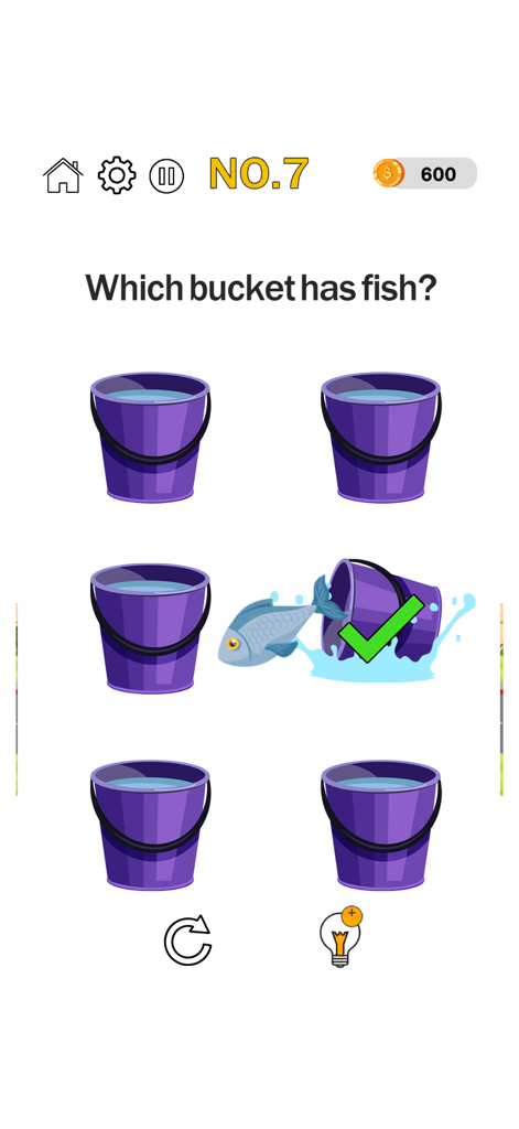 A tricky brain test puzzle level asking which bucket contains a fish with the correct answer revealed by a tipped bucket