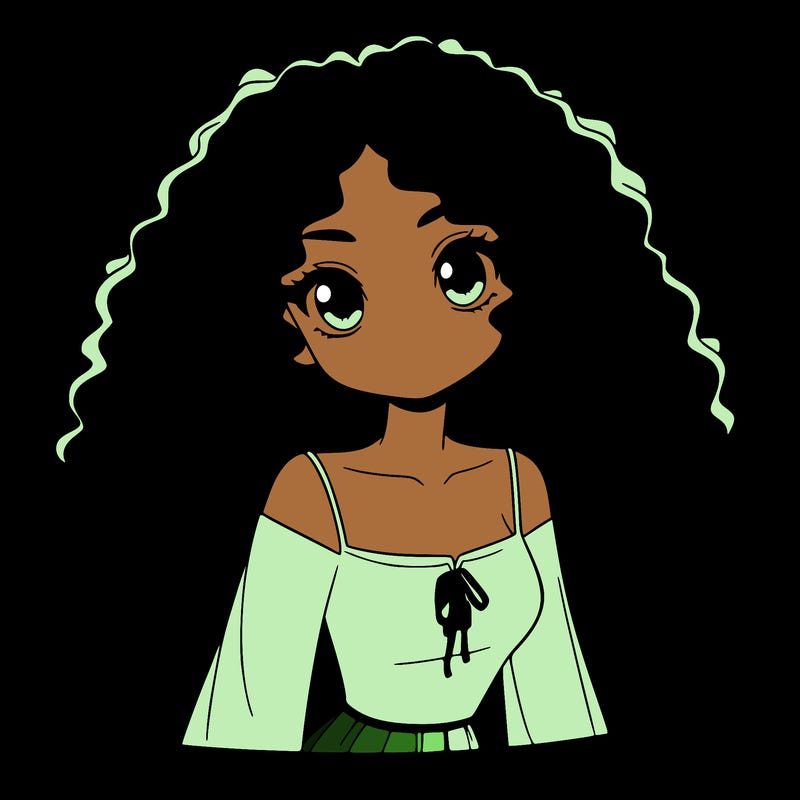 a black anime girl with long afro hair