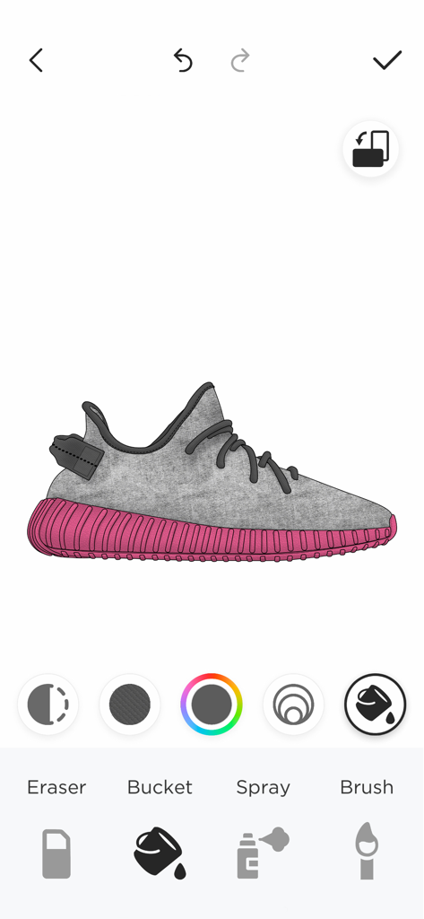Custom Kicks - User interface of the Custom Kicks app showing a grey sneaker with a pink sole and various design tools