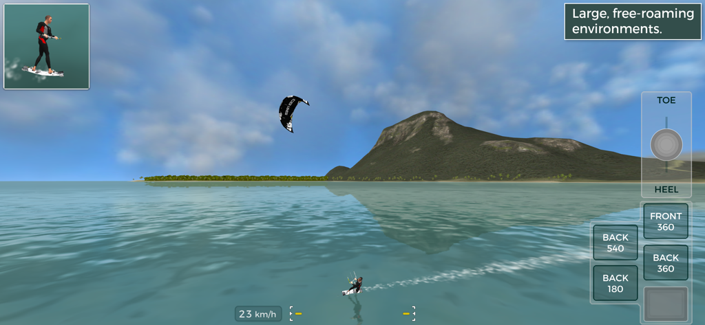 Kiteboard Hero - A person kitesurfing in a large open world environment with a mountain backdrop in Kiteboard Hero