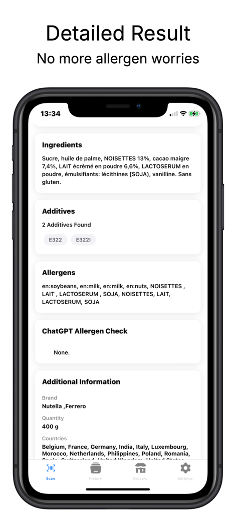 Allergen Scanner: Food Check - Pantalla de la aplicación móvil que muestra un análisis detallado de ingredientes alimentarios y alertas de alérgenos para un producto escaneado.