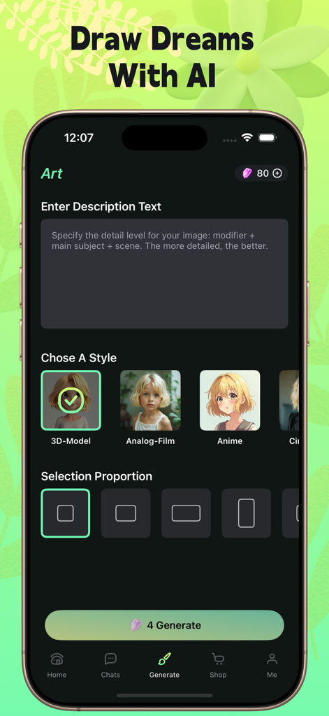 Aikami app interface for generating AI art with style and aspect ratio options