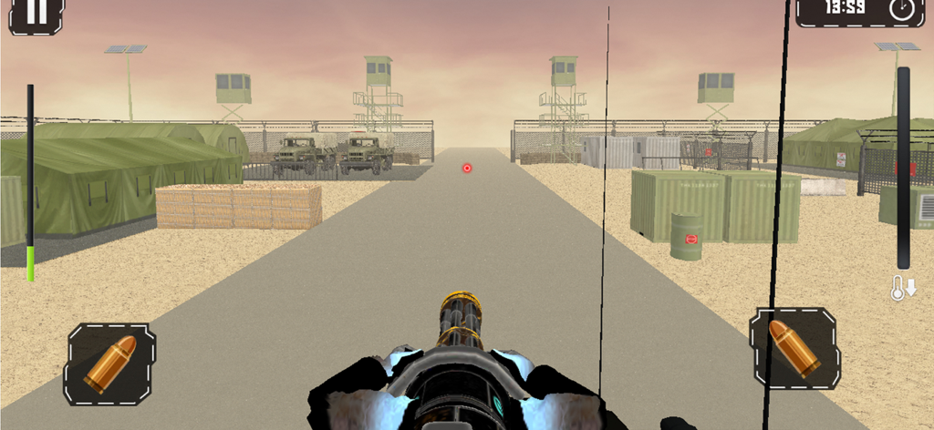 US Army Gunner Battle City War - First person view of a machine gun in a military base camp during a battle