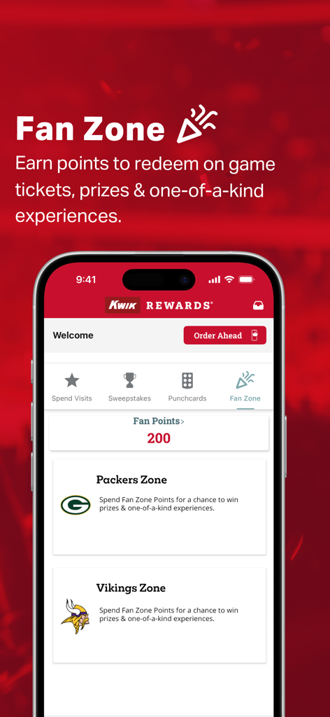 Kwik Rewards - Kwik Rewards mobile app Fan Zone screen displaying Packers and Vikings reward zones