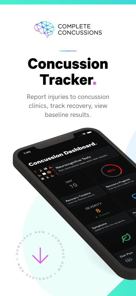 Concussion Tracker - Concussion Tracker mobile app dashboard showing recovery progress and neurocognitive test results
