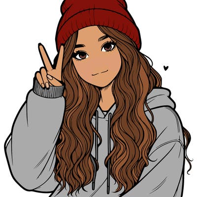 a teenage girl in a beanie, oversized sweatshirt, wavy long hair, and is showing a ✌️