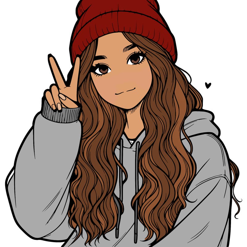 a teenage girl in a beanie, oversized sweatshirt, wavy long hair, and is showing a ✌️