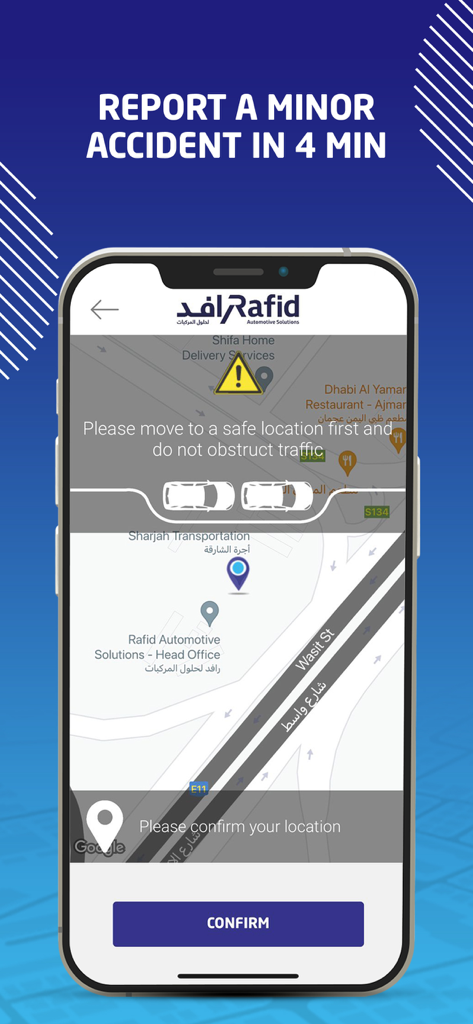 Rafid - Interfaz de la aplicación Rafid para notificar un accidente de tráfico menor en un mapa