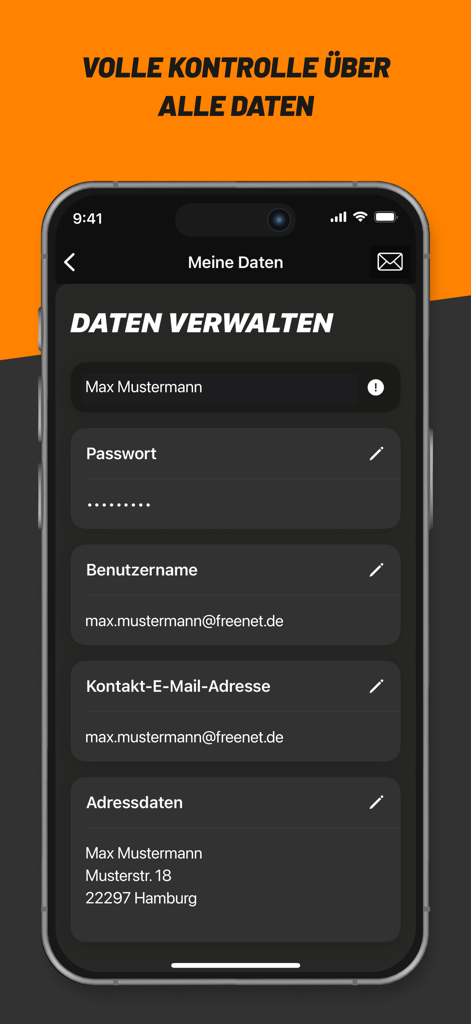 klarmobil - L'interfaccia dell'app mobile klarmobil per la gestione dei dettagli dell'account personale come nome utente e indirizzo.
