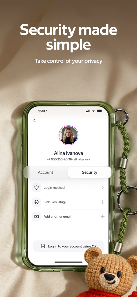 Yandex ID (ex-Key) - Smartphone screen showing Yandex ID app security and account management settings