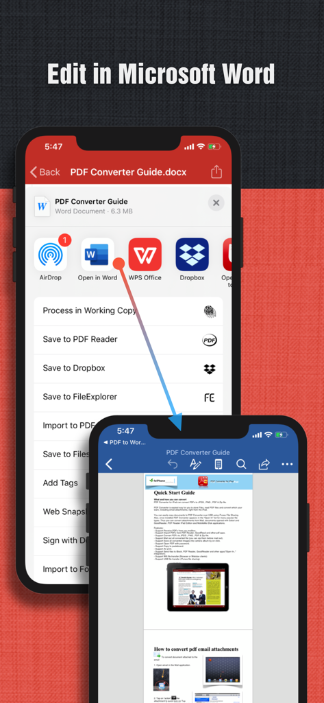 iPhone画面で、Microsoft Wordでの変換済みPDFドキュメントの開いて編集するプロセスを表示。