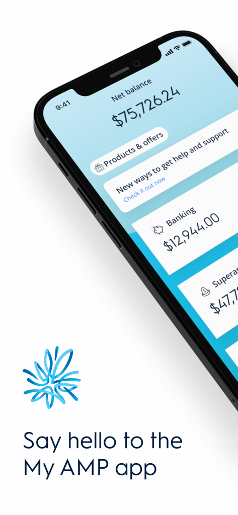Mobile interface of My AMP app displaying total net balance and financial account summaries