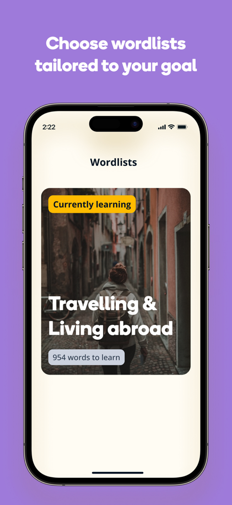 Memrise Easy Language Learning - Memrise app interface showing a wordlist for travelling and living abroad with 954 words to learn