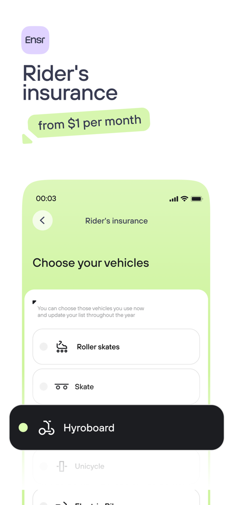 Pantalla de seguro para ciclistas de la app Ensuria mostrando opciones de selección de vehículos como patines y patinetes eléctricos a partir de un dólar al mes