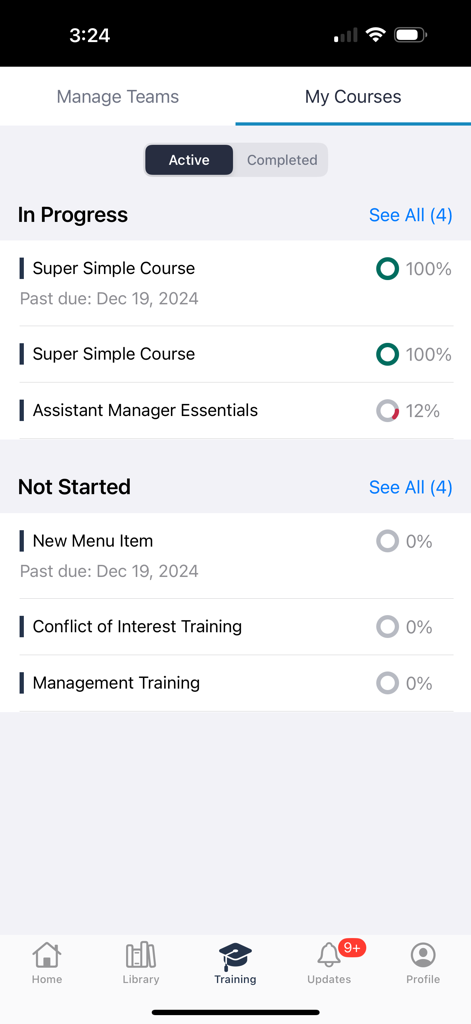 Inkling - A mobile interface of the Inkling app showing a list of professional training courses categorized by In Progress and Not Started status with completion percentages.