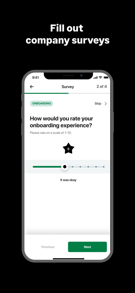 Sage HR (New) - Sage HR 앱 화면에 평가 슬라이더가 있는 직원 온보딩 설문 조사 질문이 표시됩니다.