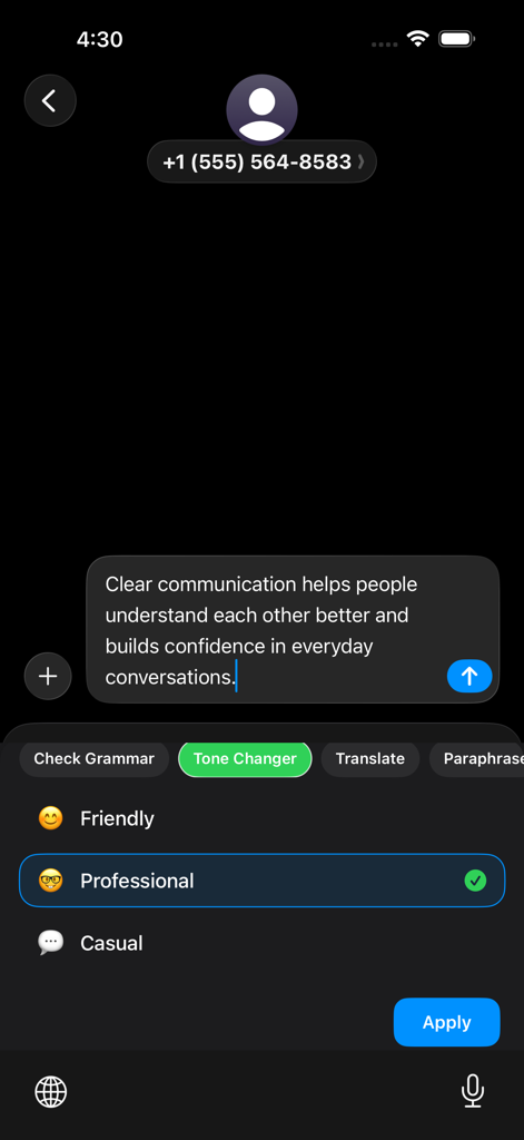 AI Keyboard Type: Type Buddy - AI keyboard interface showing tone changer with professional mode selected for a text message