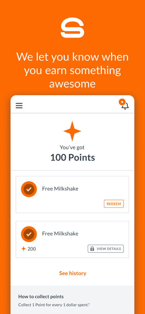 Smalls Sliders - Interface de l'application mobile Smalls Sliders montrant un utilisateur avec 100 points de fidélité et des récompenses pour un milkshake gratuit.