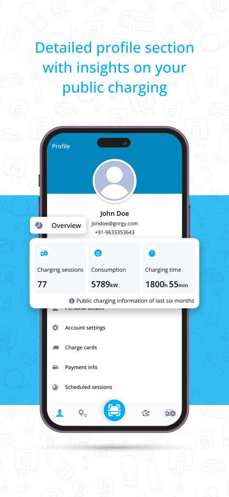Gnrgy Go mobile app profile screen displaying user charging sessions, energy consumption, and total charging time statistics.