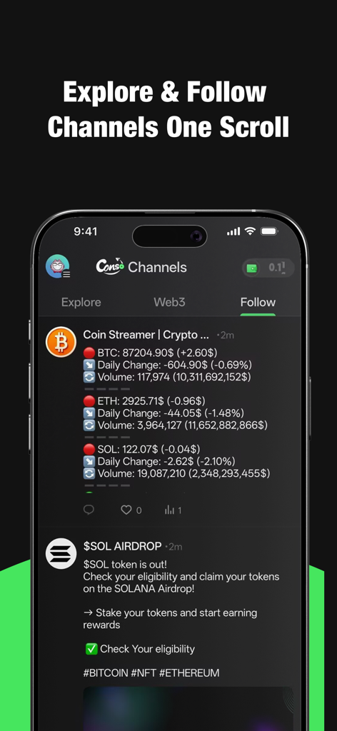 Conso - Telegram Web3 Console - Conso app interface showing curated crypto channel feeds with live token prices and airdrop alerts