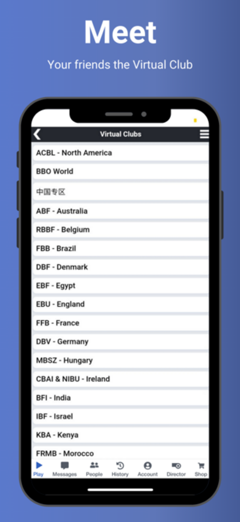 Bridge Base Online - BBO - Pantalla de smartphone que muestra una lista de clubes de bridge virtuales internacionales, incluyendo ACBL Norteamérica y ABF Australia en la app BBO.