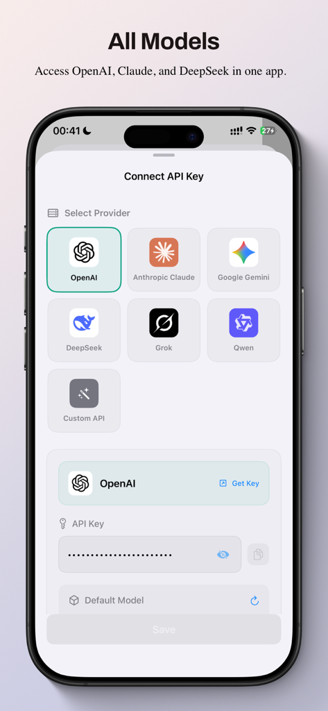 OneChats AI - La interfaz de la aplicación móvil One Chats AI muestra varios proveedores de modelos de IA para conectarse a través de claves API, incluyendo OpenAI Claude y Gemini.