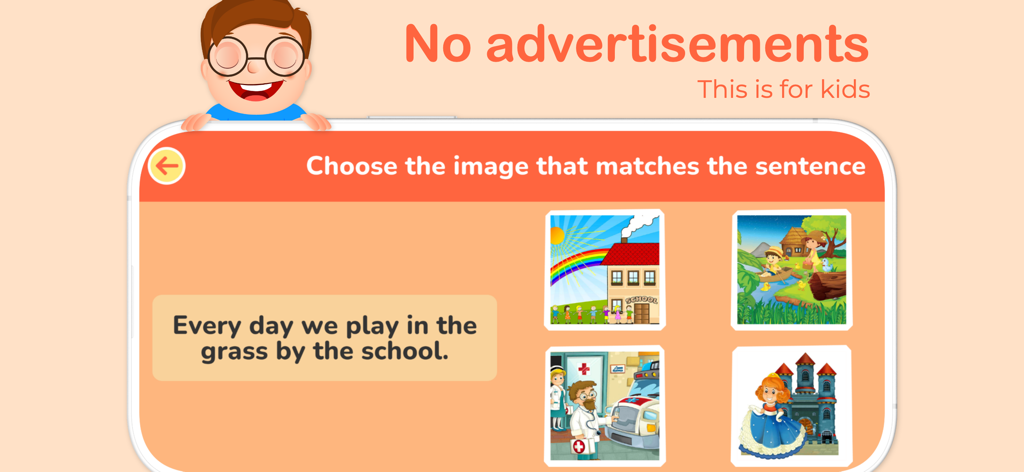 I Read: Reading Comprehension - Screenshot of I Read app showing a sentence to image matching game for kids with a no ads banner.