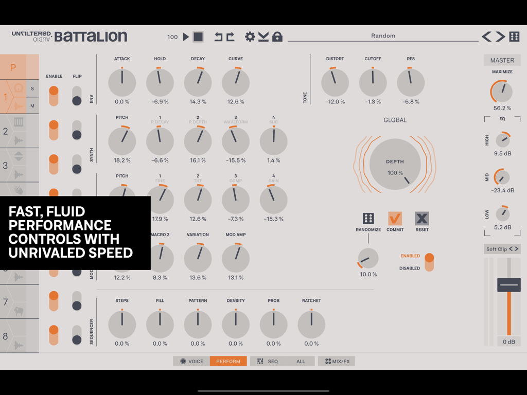 Global performance interface of Battalion Drum Machine app showing multiple sound design control knobs