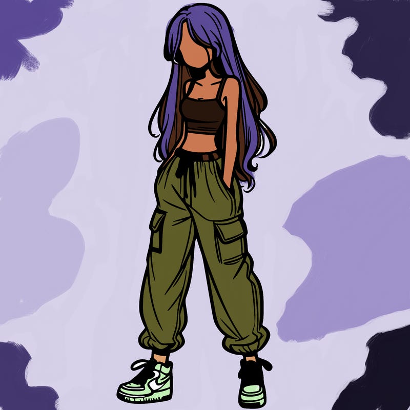 girl in baggy pants crop top and long hair