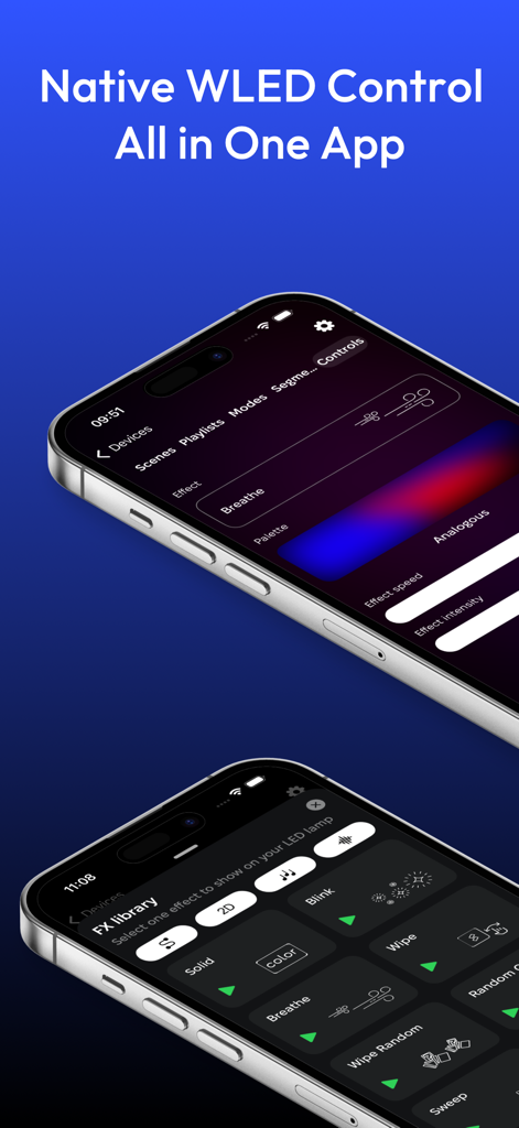 WLED Pro app interface displaying native LED light controls and a library of effects on two iPhones