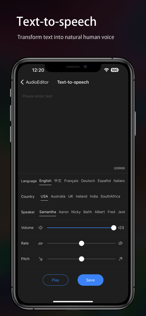 Interface de l'application mobile montrant les paramètres de synthèse vocale avec des options pour la langue, le pays, le locuteur et des curseurs de réglage de la voix.
