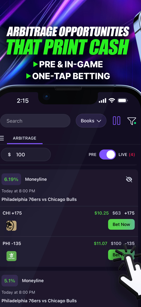 Sharp App: Sports Betting - Interfaz de la aplicación móvil mostrando oportunidades de apuestas de arbitraje y botones de apuestas de un solo toque.