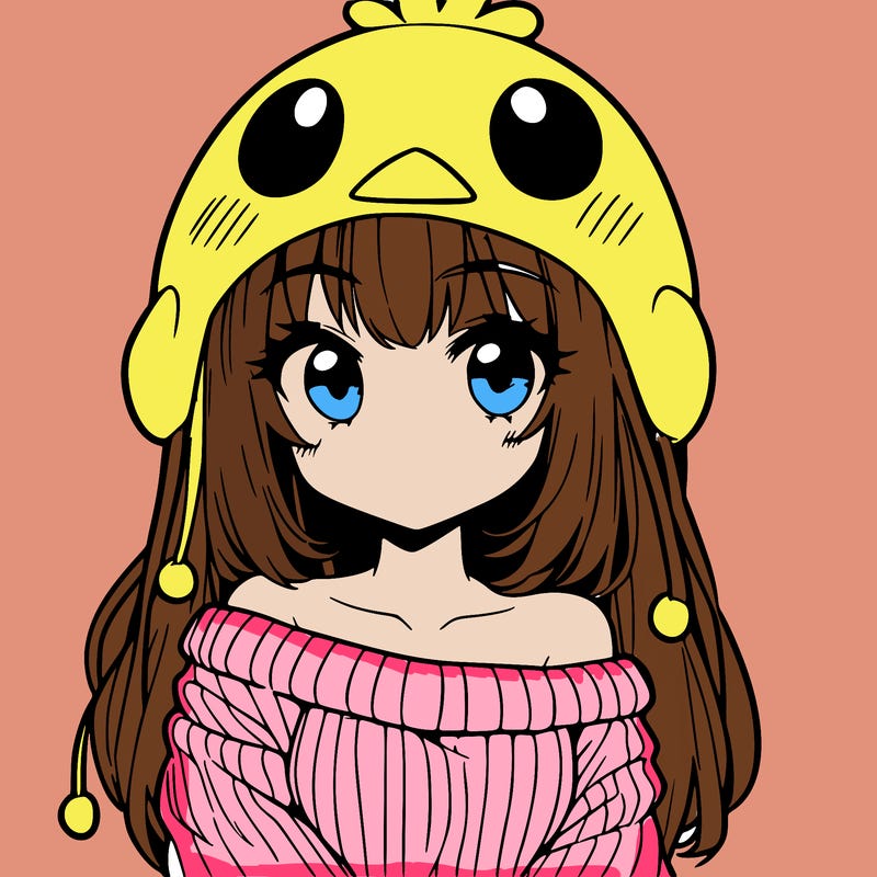 anime girl with chick shaped hat with sweater with bare shoulders with bangs covering them one eye with low tail