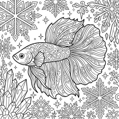 Explore the beauty of a majestic Betta fish amidst a sparkling winter scene, designed for teens seeking an engaging coloring challenge. This intricate page combines aquatic elegance with frosty charm, offering hours of creative fun.