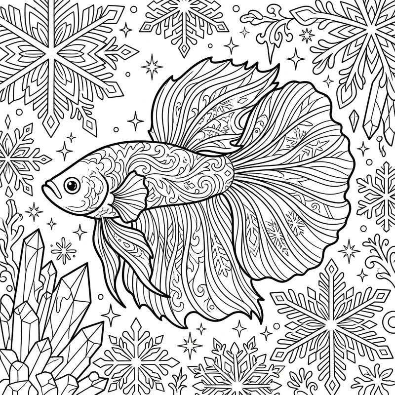Explore the beauty of a majestic Betta fish amidst a sparkling winter scene, designed for teens seeking an engaging coloring challenge. This intricate page combines aquatic elegance with frosty charm, offering hours of creative fun.