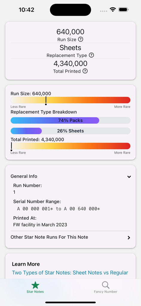 A screenshot of the Star Note lookup feature showing rarity statistics and printing details in the MyCurrencyCollection app.