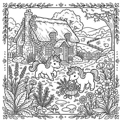 Step into a world of whimsical charm with this delightful cottagecore coloring page featuring two playful baby unicorns. This intricate illustration invites you to bring a rustic, magical landscape to life with your favorite colors.