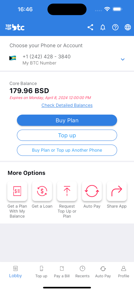 Topup BTC - Dashboard of the Topup BTC app showing account balance and options to buy mobile plans or top up