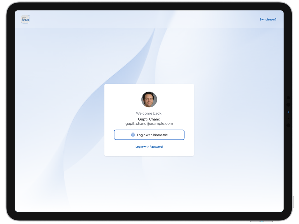 myCAMS MutualFund App for iPad - myCAMS iPad app login screen showing welcome message and biometric login option for mutual fund management